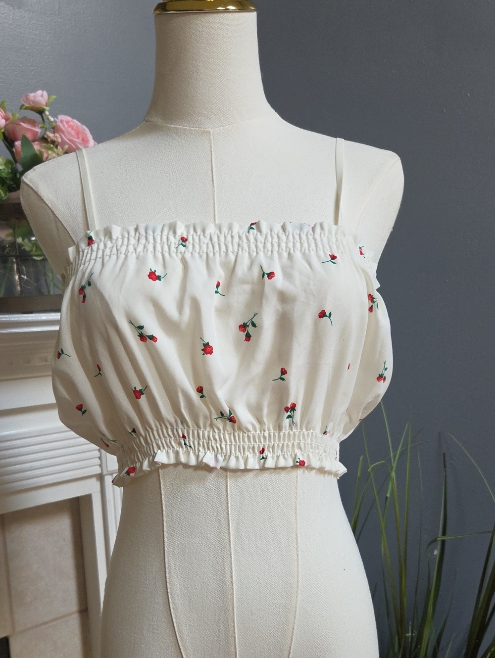 Cream Floral Smocked Crop Top with Red Rose Print